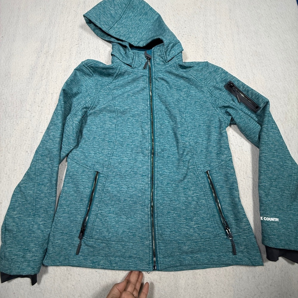 Free Country Women Teal Space Dye Hooded Softshell Jacket Faux Fur Lining Medium